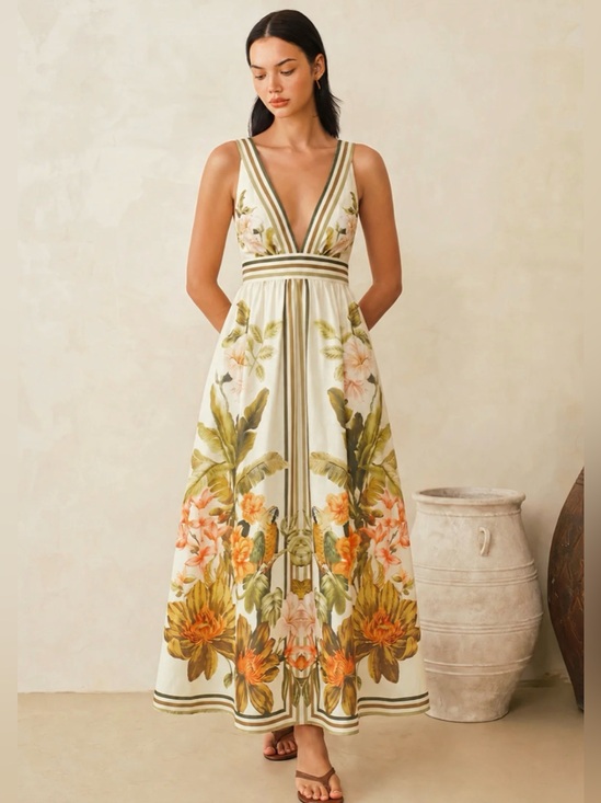 Commense Dresses & Skirts - Commense Tropical Floral Print Deep V-Neck Maxi Dress size S